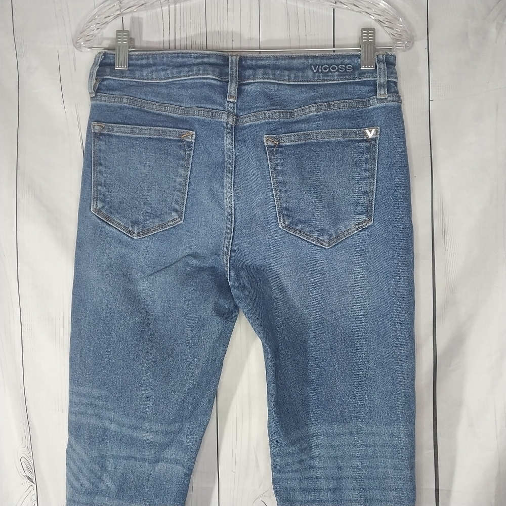 Vigoss Distressed Ripped Blue High Rise Skinny Straight Button-Fly Jeans - Picture 9 of 10